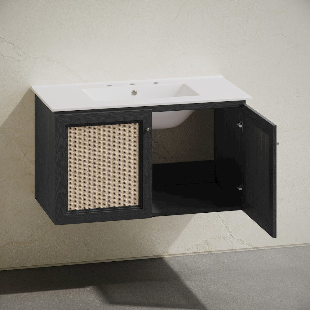 36" Wall-Mounted Bathroom Vanity, Black Oak, Widespread Faucet Holes Vanity Top
