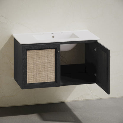 36" Wall-Mounted Bathroom Vanity, Black Oak, Widespread Faucet Holes Vanity Top