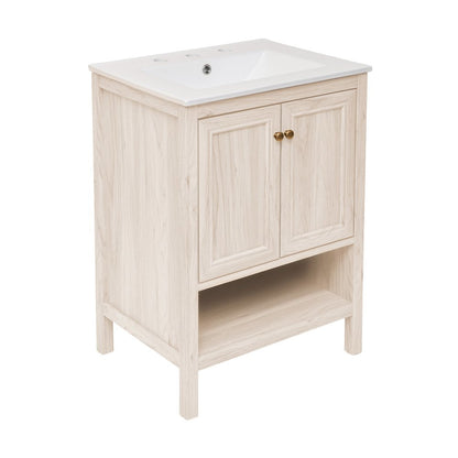 24" Freestanding Bathroom Vanity in White Oak with 3-Hole Widespread Sink Top