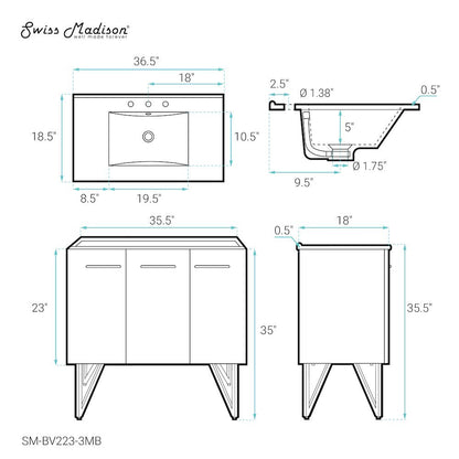 Annecy 36 in. Black Walnut Bathroom Vanity With Black, 3-Hole Ceramic Sink Top