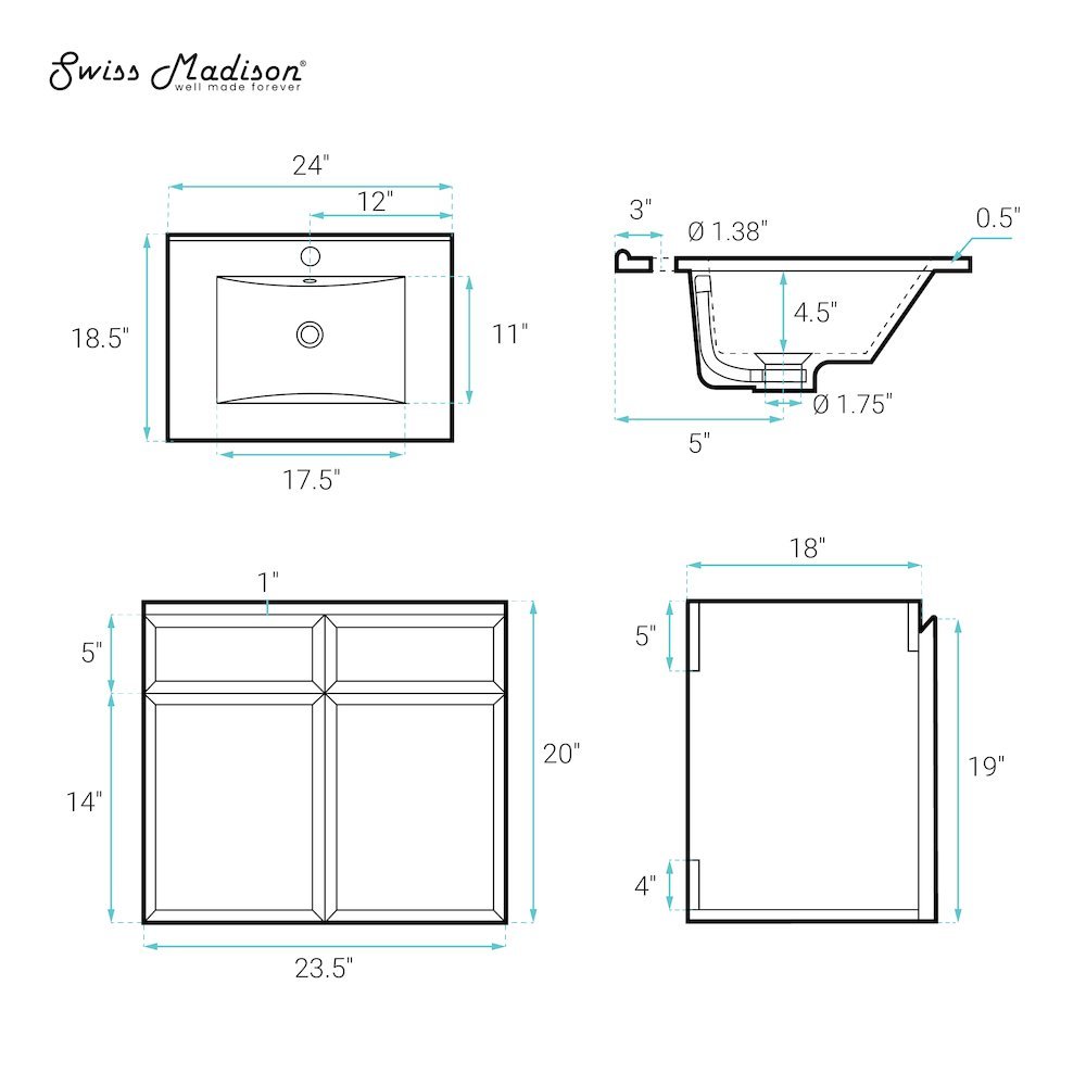 St. Tropez 24" Wall-Mounted Bathroom Vanity in Natural Oak with Black Sink Top