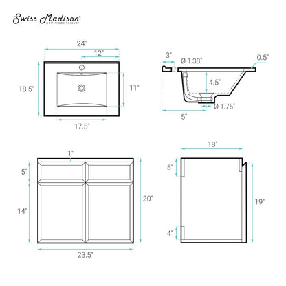 St. Tropez 24" Wall-Mounted Bathroom Vanity in Natural Oak with Black Sink Top