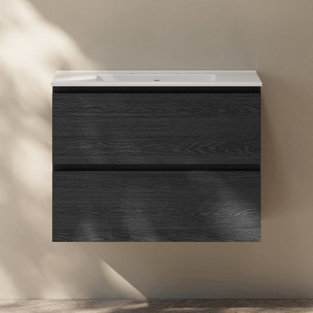 30" Wall-Mounted Bathroom Vanity in Black Oak with 3-Hole Widespread Sink Top