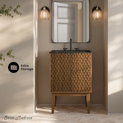 24" Freestanding Bathroom Vanity in Brown Oak, Black 3-Hole Centerset Sink Top
