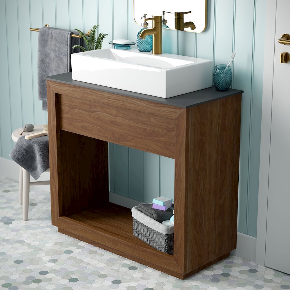 36" Reclaimed Wood Vanity, Walnut, Slate Countertop and Single Hole Vessel Sink