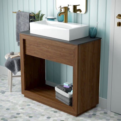 36" Reclaimed Wood Vanity, Walnut, Slate Countertop and Single Hole Vessel Sink
