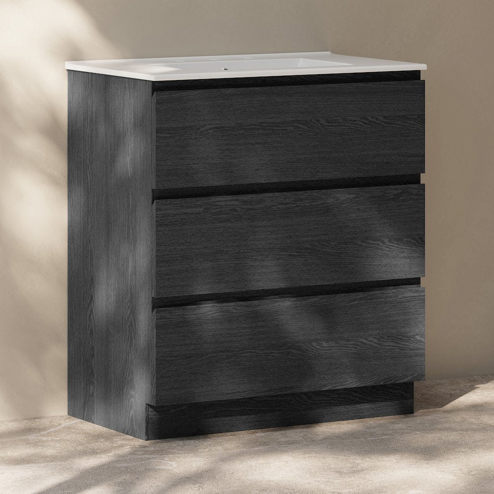 30" Freestanding Bathroom Vanity in Black Oak with 3-Hole Widespread Sink Top