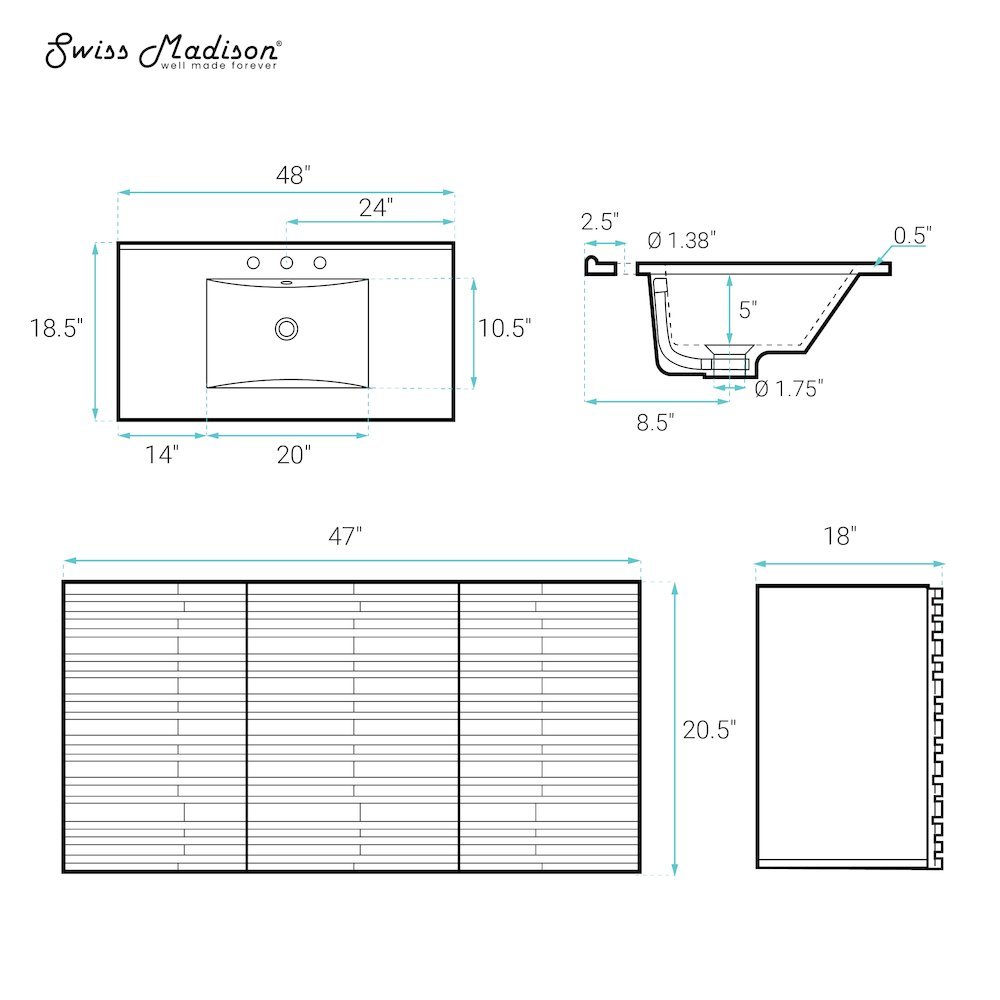 48" Wall-Mounted Bathroom Vanity in White Oak with 3-Hole Widespread Sink Top