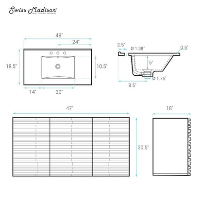 48" Wall-Mounted Bathroom Vanity in White Oak with 3-Hole Widespread Sink Top