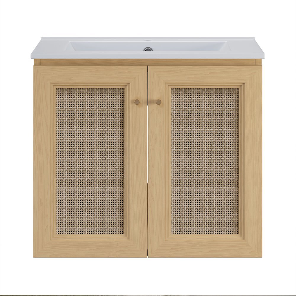 24" Wall-Mounted Bathroom Vanity in Natural Oak, Single Faucet Hole Vanity Top