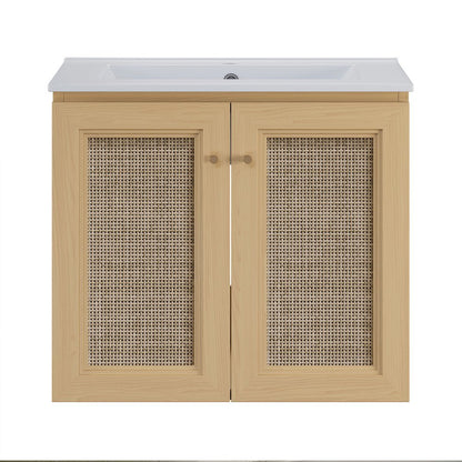 24" Wall-Mounted Bathroom Vanity in Natural Oak, Single Faucet Hole Vanity Top