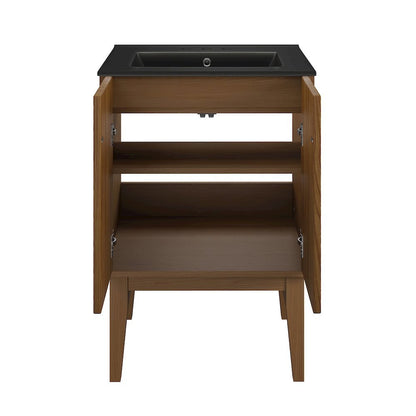 24" Freestanding Bathroom Vanity in Brown Oak, Black 3-Hole Centerset Sink Top