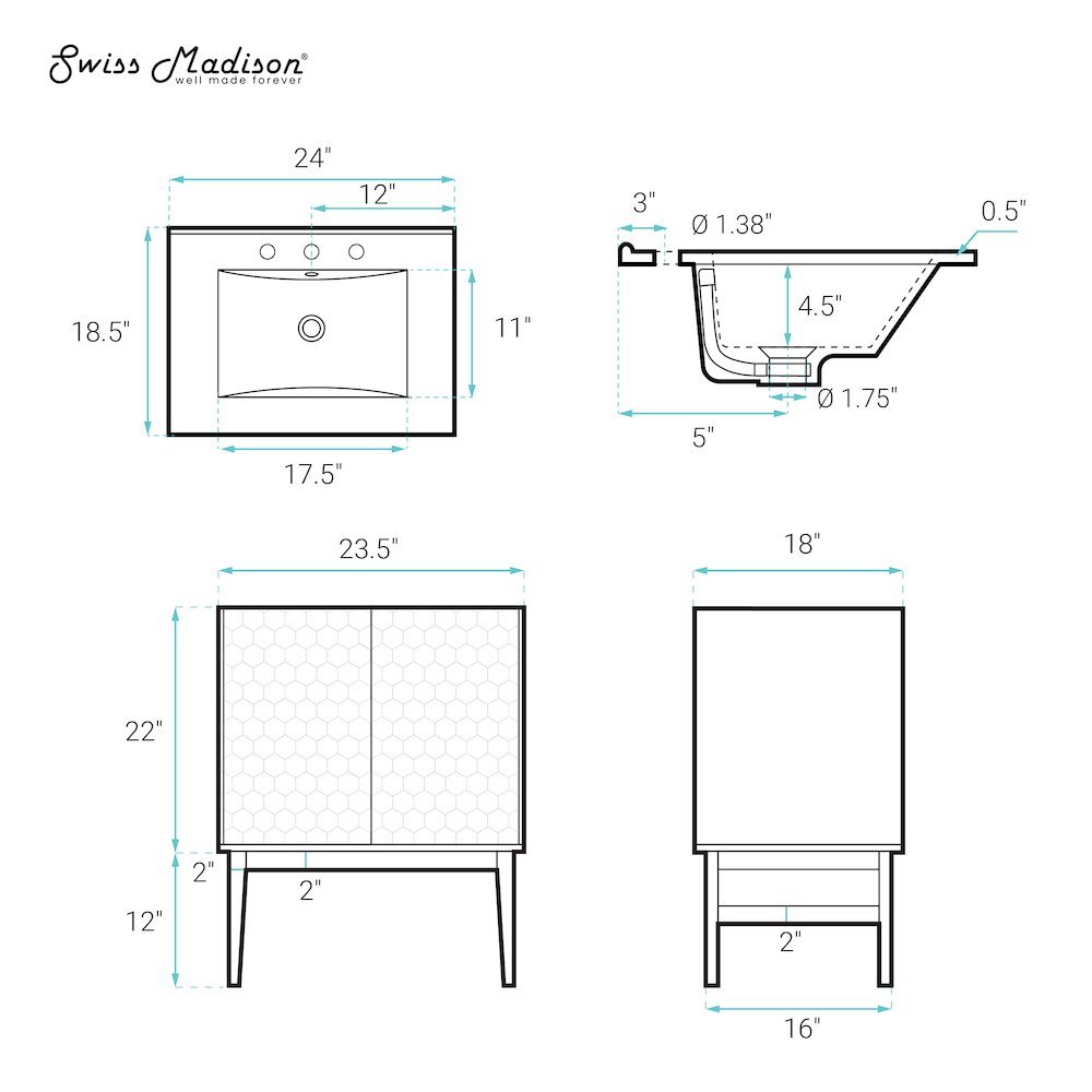 24" Freestanding Bathroom Vanity in Brown Oak, Black 3-Hole Centerset Sink Top