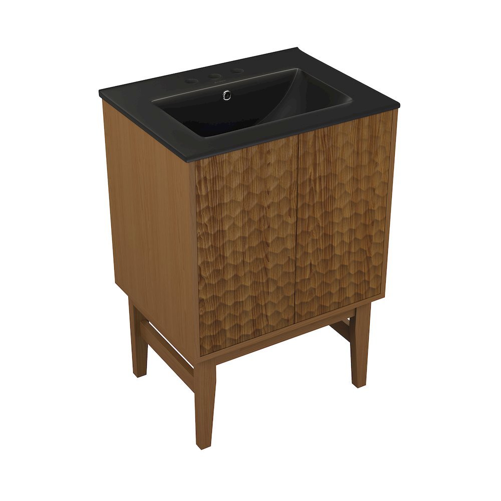24" Freestanding Bathroom Vanity in Brown Oak, Black 3-Hole Centerset Sink Top