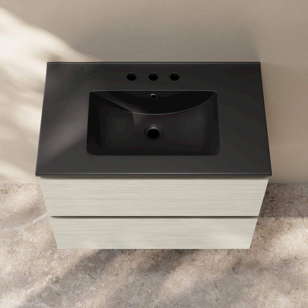 30" Wall-Mounted Bathroom Vanity in White Oak, Black 3-Hole Widespread Sink Top