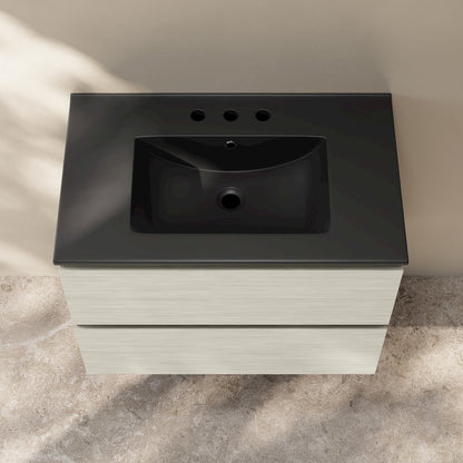 30" Wall-Mounted Bathroom Vanity in White Oak, Black 3-Hole Widespread Sink Top