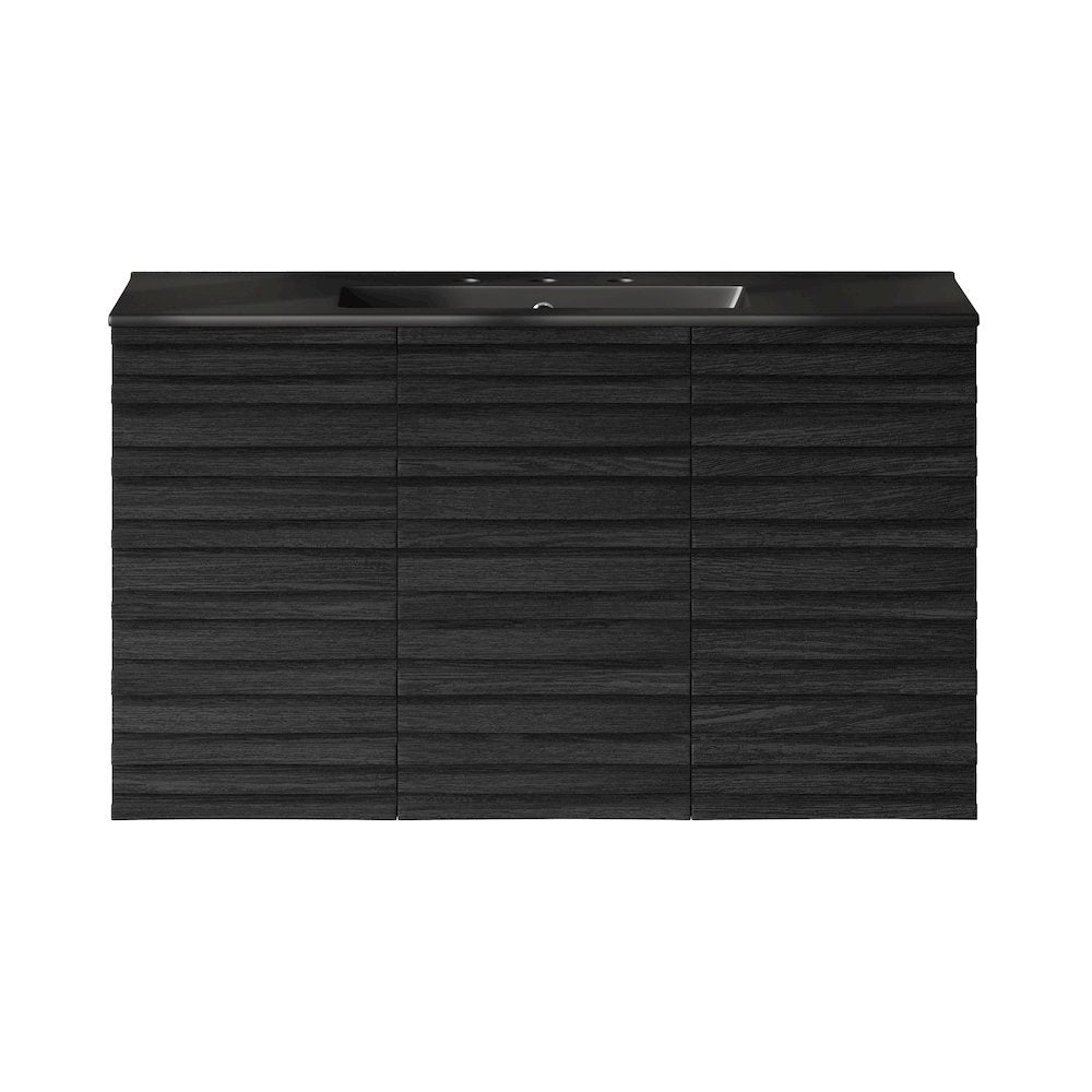 36" Wall-Mounted Bathroom Vanity in Black Oak, Black 3-Hole Widespread Sink Top