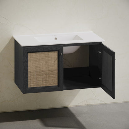 36" Wall-Mounted Bathroom Vanity in Black Oak with Single Faucet Hole Vanity Top