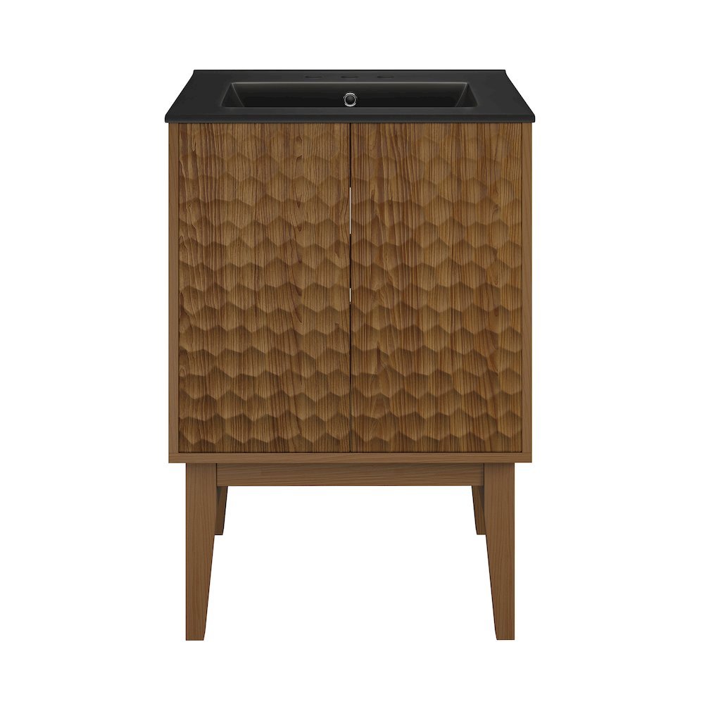 24" Freestanding Bathroom Vanity in Brown Oak, Black 3-Hole Centerset Sink Top