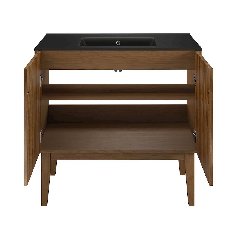 36" Freestanding Bathroom Vanity in Brown Oak, Black 3-Hole Widespread Sink Top