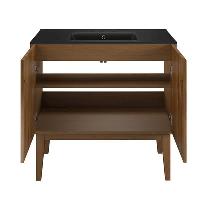 36" Freestanding Bathroom Vanity in Brown Oak, Black 3-Hole Widespread Sink Top