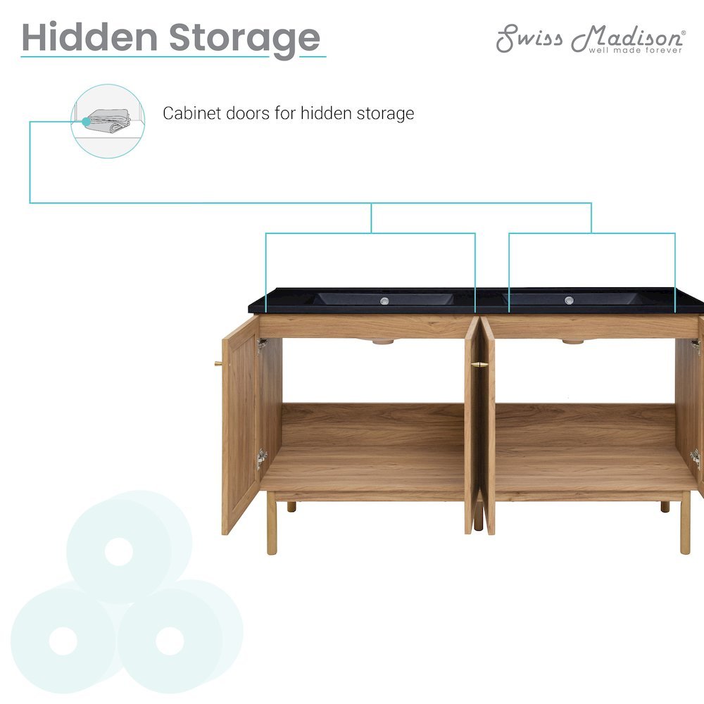 60" Freestanding Bathroom Vanity in Golden Oak with Black Double Basin Sink Top
