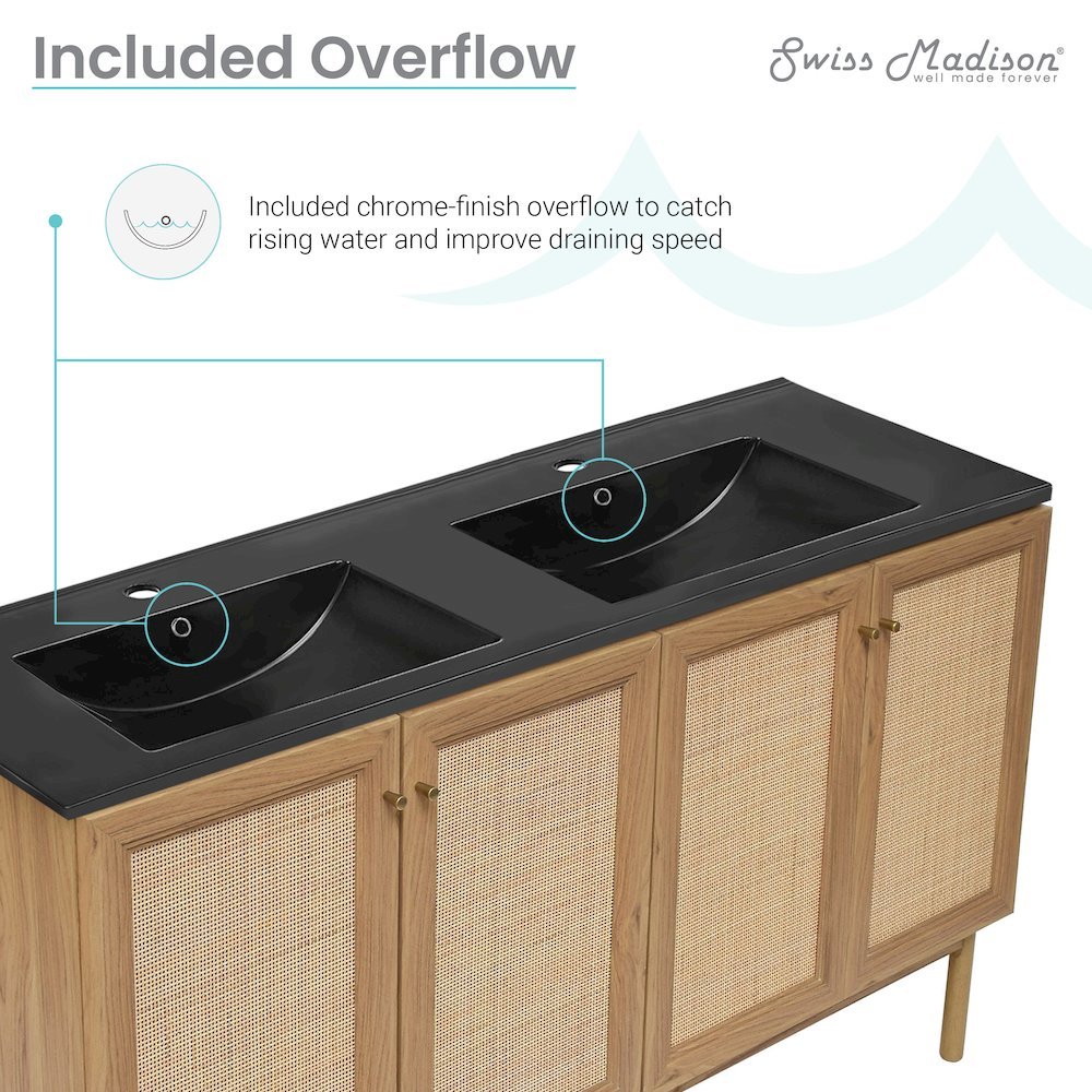 60" Freestanding Bathroom Vanity in Golden Oak with Black Double Basin Sink Top