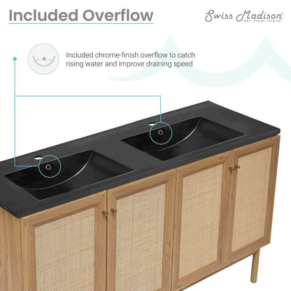 60" Freestanding Bathroom Vanity in Golden Oak with Black Double Basin Sink Top