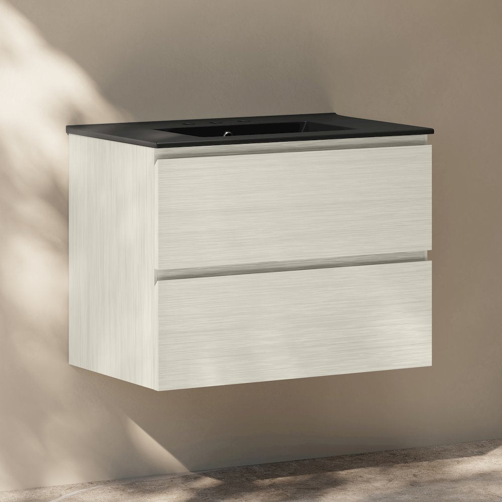30" Wall-Mounted Bathroom Vanity in White Oak, Black 3-Hole Widespread Sink Top