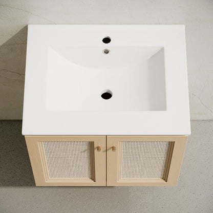 24" Wall-Mounted Bathroom Vanity in Natural Oak, Single Faucet Hole Vanity Top