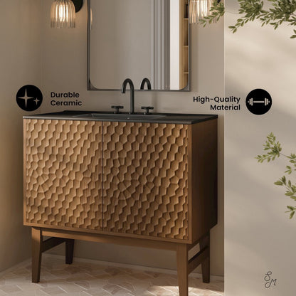 36" Freestanding Bathroom Vanity in Brown Oak, Black 3-Hole Widespread Sink Top