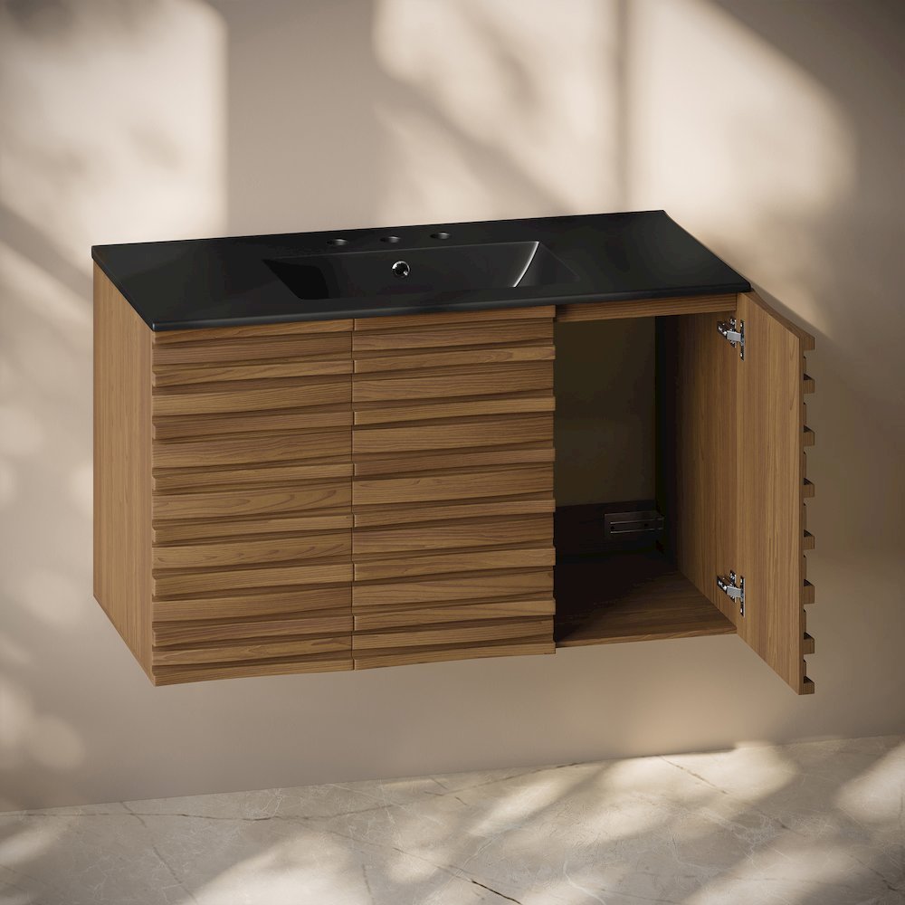 36" Wall-Mounted Bathroom Vanity in Brown Oak, Black 3-Hole Widespread Sink Top