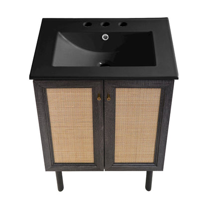 24" Freestanding Bathroom Vanity in Black Oak, Black 3-Hole Centerset Sink Top