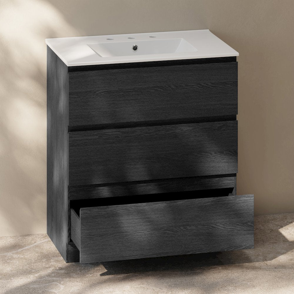 30" Freestanding Bathroom Vanity in Black Oak with 3-Hole Widespread Sink Top