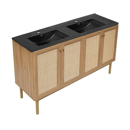 60" Freestanding Bathroom Vanity in Golden Oak with Black Double Basin Sink Top