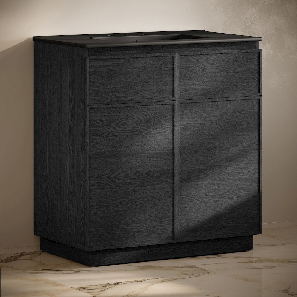 36" Freestanding Bathroom Vanity in Black Oak, Black 3-Hole Widespread Sink Top
