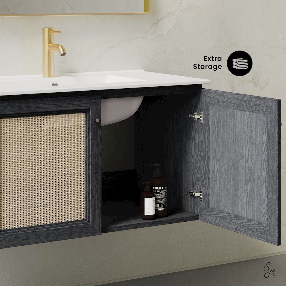36" Wall-Mounted Bathroom Vanity in Black Oak with Single Faucet Hole Vanity Top