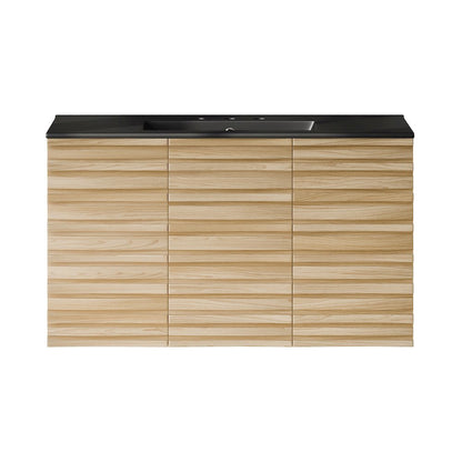 36" Wall-Mounted Bathroom Vanity, Natural Oak, Black 3-Hole Widespread Sink Top