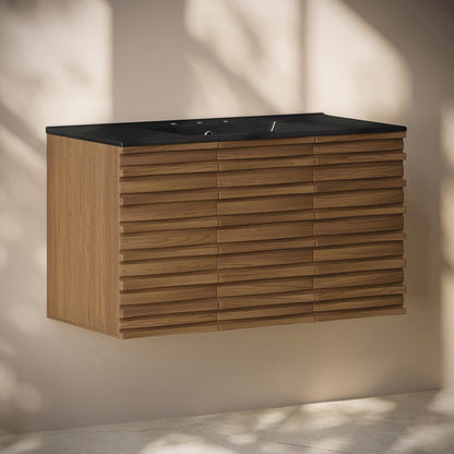 36" Wall-Mounted Bathroom Vanity in Brown Oak, Black 3-Hole Widespread Sink Top