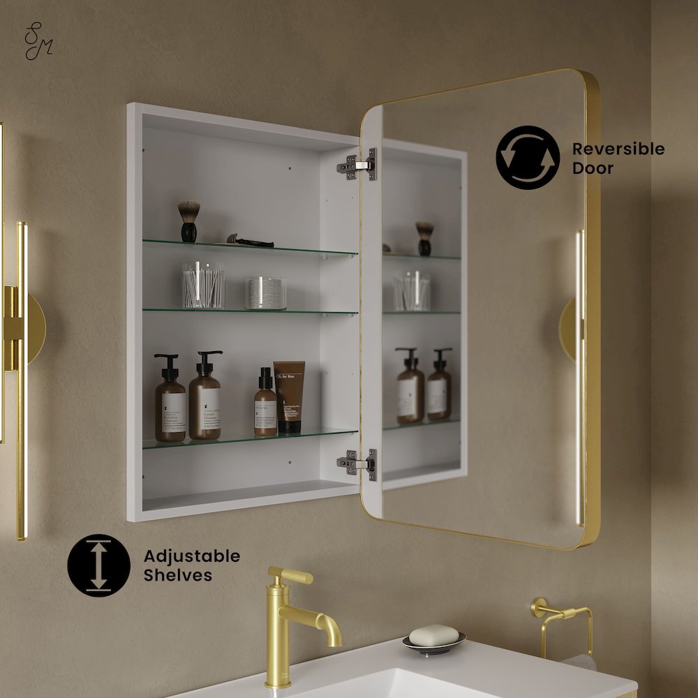 20 x 30 Rectangle Recessed/Wall Mount Medicine Cabinet, Mirror in Brushed Gold