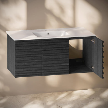 48" Wall-Mounted Bathroom Vanity in Black Oak with 3-Hole Widespread Sink Top