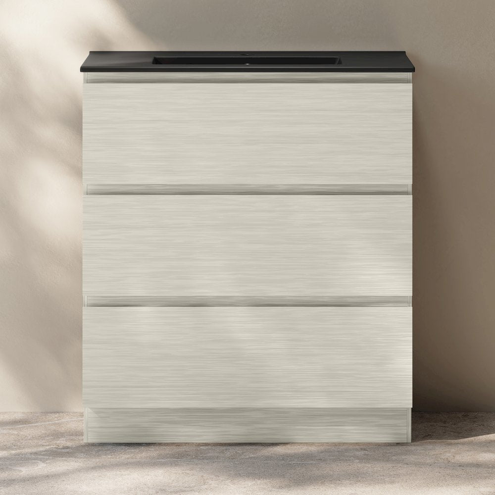 Liberte 30" Freestanding Bathroom Vanity in White Oak with Black Sink Top