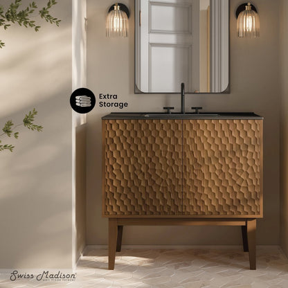 36" Freestanding Bathroom Vanity in Brown Oak, Black 3-Hole Widespread Sink Top