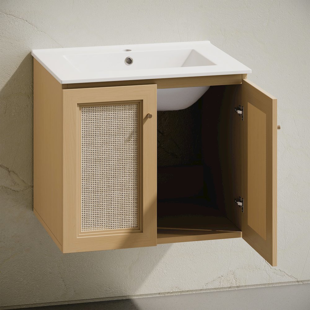24" Wall-Mounted Bathroom Vanity in Natural Oak, Single Faucet Hole Vanity Top