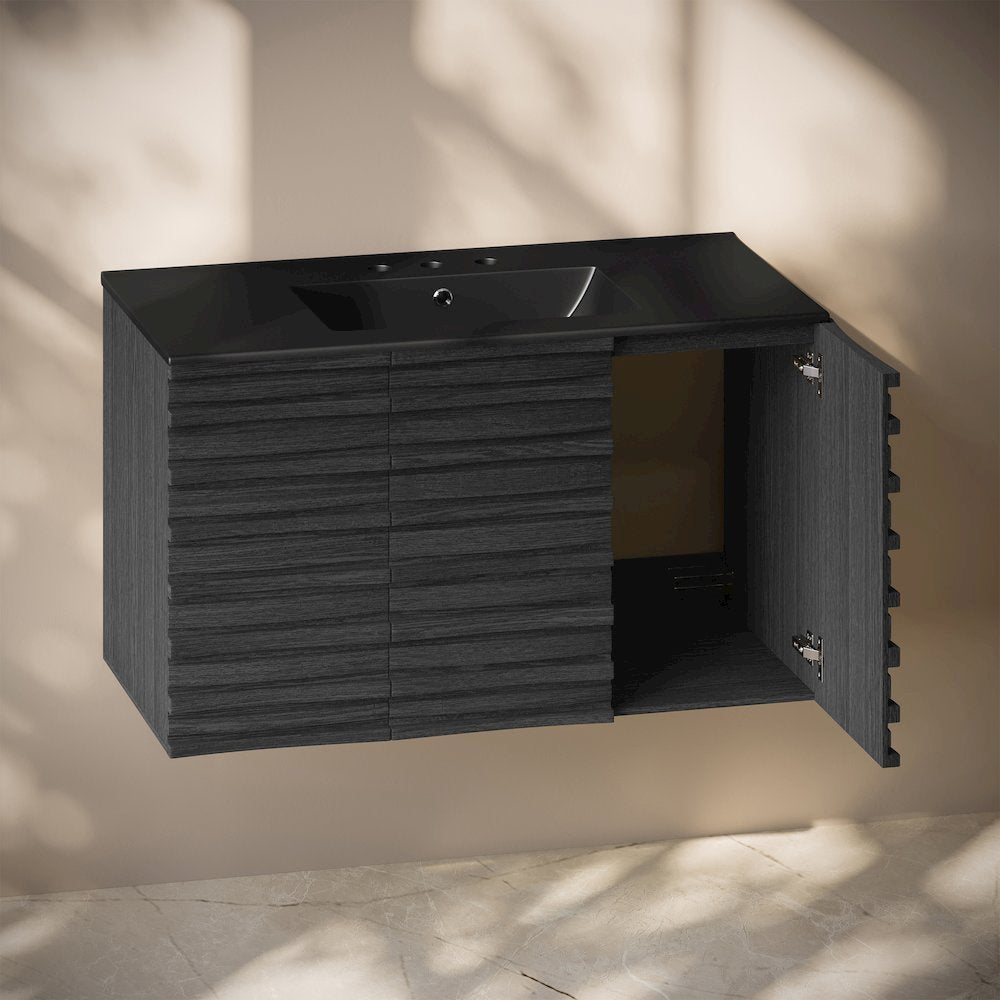 36" Wall-Mounted Bathroom Vanity in Black Oak, Black 3-Hole Widespread Sink Top