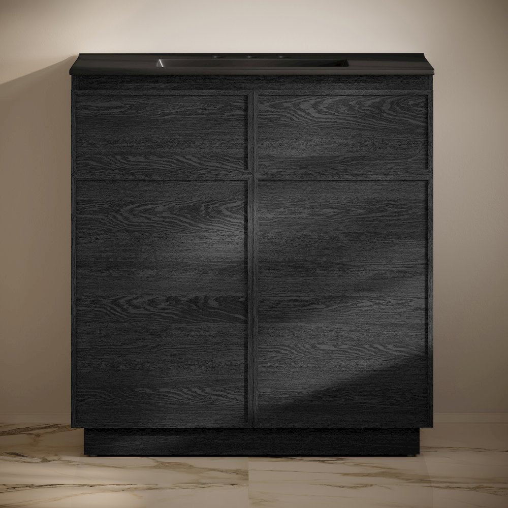 36" Freestanding Bathroom Vanity in Black Oak, Black 3-Hole Widespread Sink Top