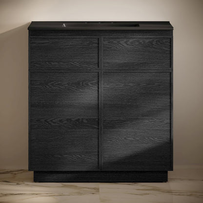 36" Freestanding Bathroom Vanity in Black Oak, Black 3-Hole Widespread Sink Top