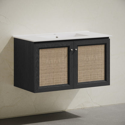 36" Wall-Mounted Bathroom Vanity in Black Oak with Single Faucet Hole Vanity Top