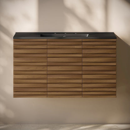 36" Wall-Mounted Bathroom Vanity in Brown Oak, Black 3-Hole Widespread Sink Top