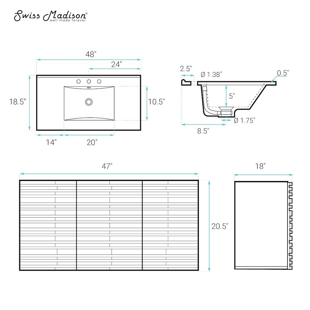 48" Wall-Mounted Bathroom Vanity in Black Oak with 3-Hole Widespread Sink Top